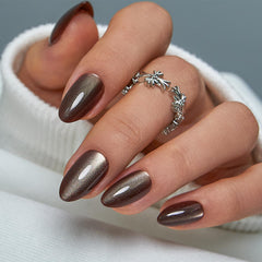 CurvLife Bronze MoCa cat eye nails collection in medium almond for chic everyday wear.