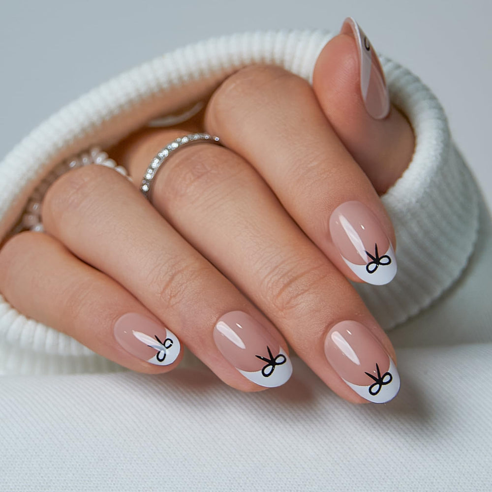 CurvLife short oval nude pink bow design nails for daily wear