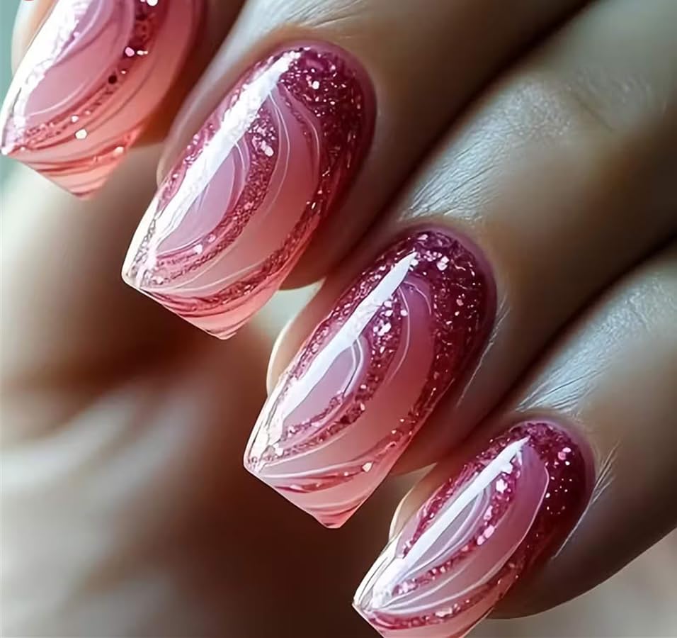 CurvLife press-on nails in pink glitter lines for a salon-quality at-home manicure