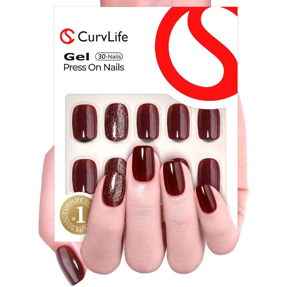 Curvlife short square nails in wine red glitter apricot design for quick changes