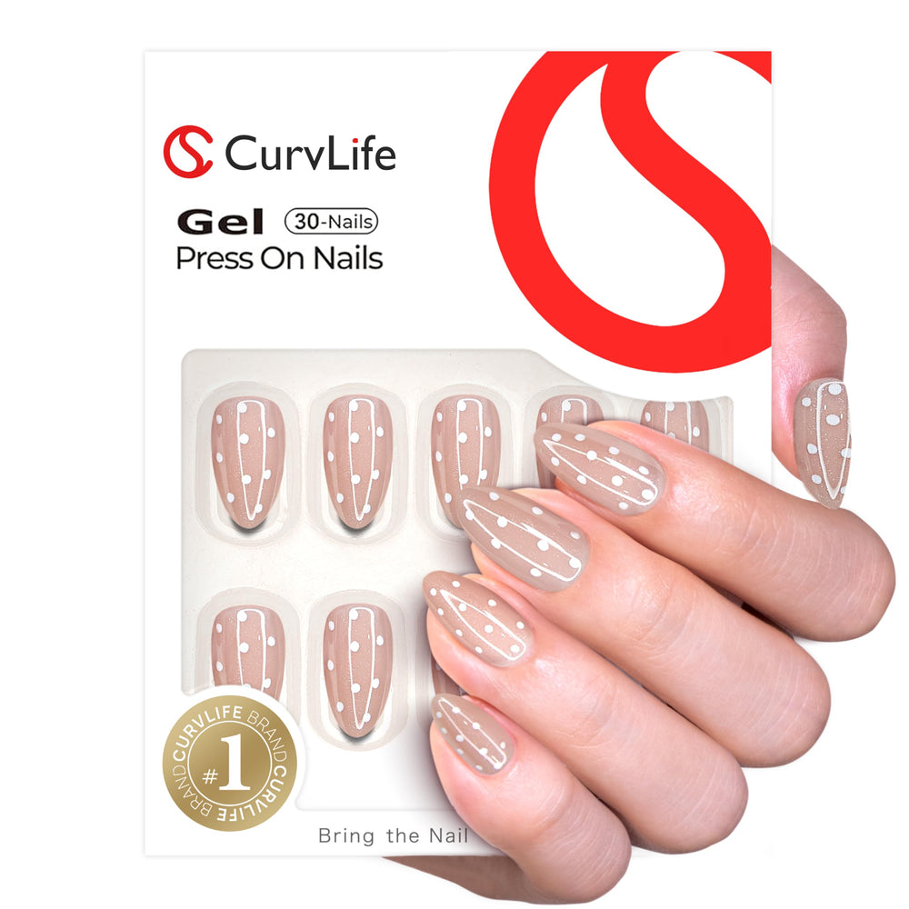 CurvLife soft gel almond nails closeup showing natural fit and glossy finish