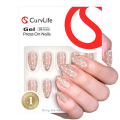 CurvLife soft gel almond nails closeup showing natural fit and glossy finish