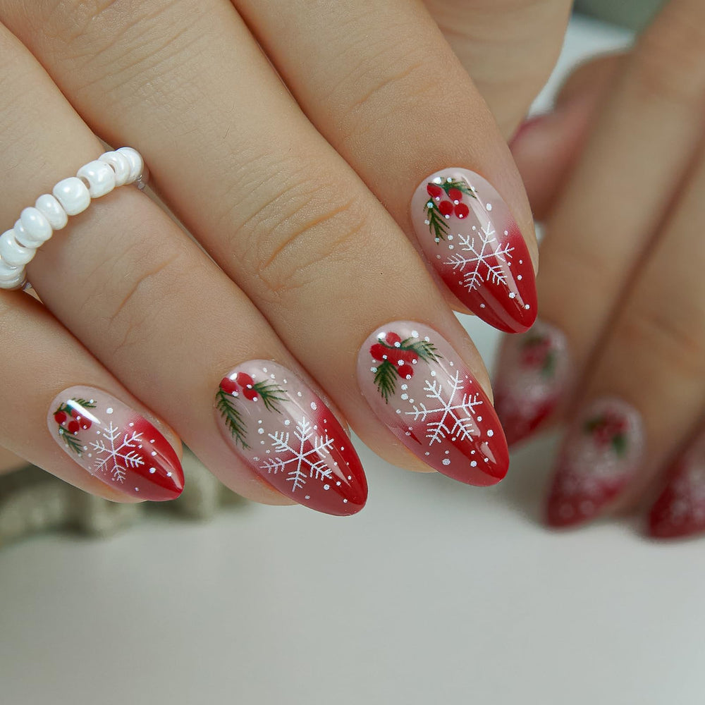 CurvLife soft gel nails set with red French snowflake design for at-home salon-quality look