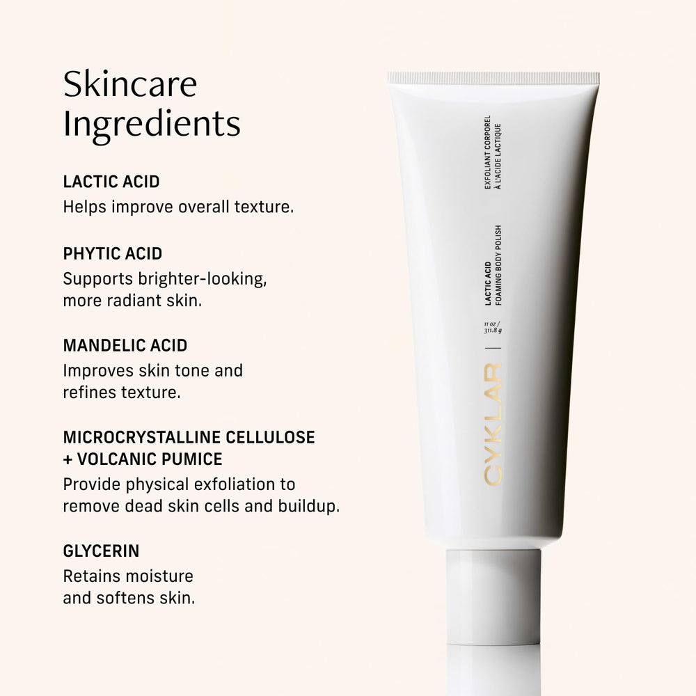 CYKLAR Lactic Acid Body Polish shower-friendly routine setup supports easy pampering.