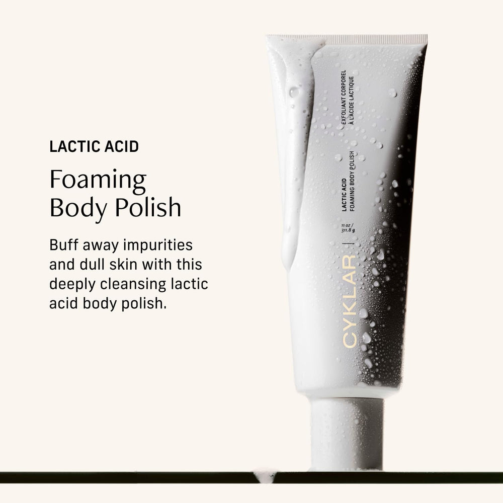 CYKLAR Lactic Acid Body Polish textured cream application demonstrates smoothing exfoliation.