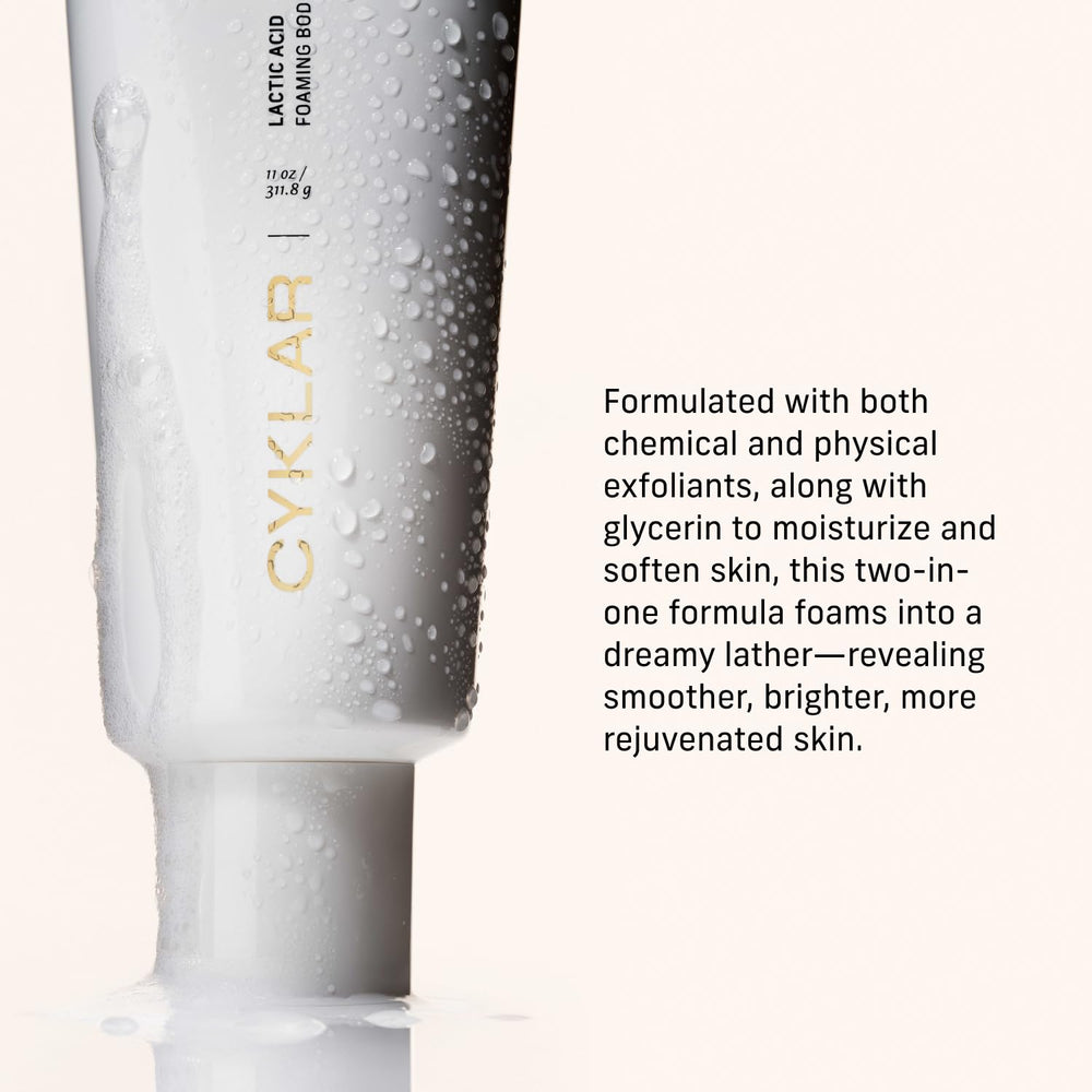 CYKLAR Lactic Acid Body Polish volcanic pumice closeup highlighting physical exfoliation.