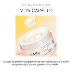 d'alba Piedmont Vita Toning Capsule Cream packaging flatlay highlights compact travel-ready tube