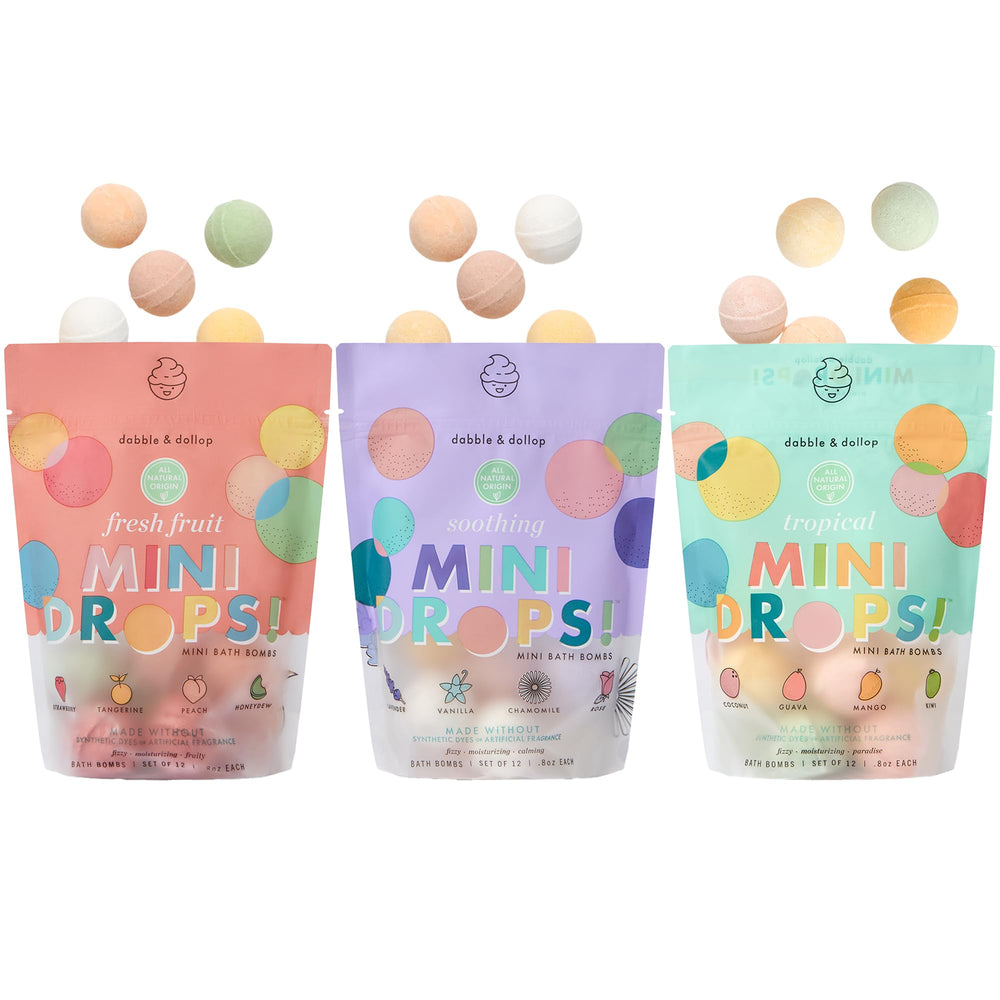 Dabble & Dollop mini bath bomb droplets in a resealable pouch add fizz and moisture.