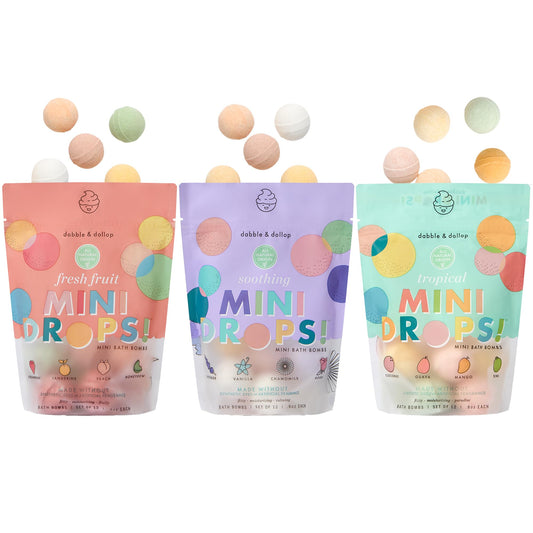 Dabble & Dollop mini bath bomb droplets in a resealable pouch add fizz and moisture.