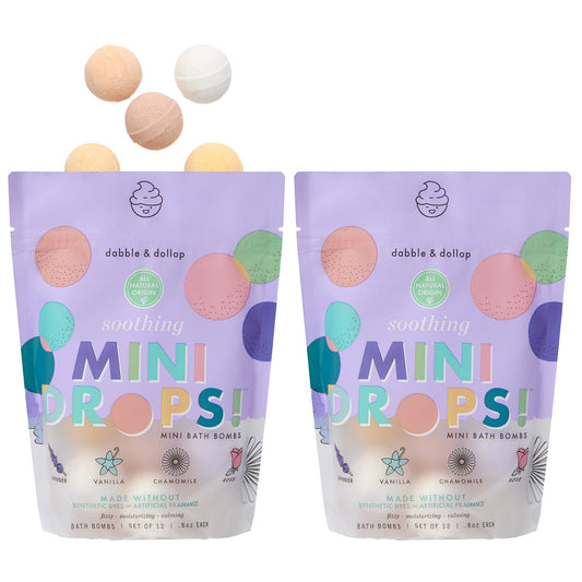 Dabble & Dollop mini bath bombs in resealable pouches keep scents fresh and easy to portion.