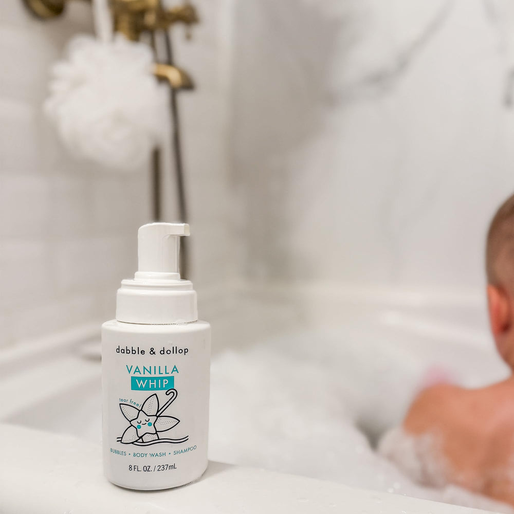 Dabble & Dollop Vanilla Whip California label highlights plant-based, dermatologist-tested care.