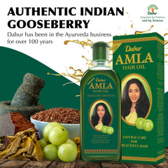 Dabur Amla Hair Oil glossy hair close-up suggests radiant, moisturized strands.