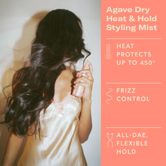 DAE Agave Dry Heat Protection Spray close-up on hair showing shine and silk finish.
