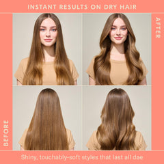 Spray nozzle releasing a fine mist on mid-length hair for even hold.