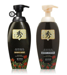 Daeng Gi Meo Ri Dlaesoo shampoo and treatment set bottle display for nourishing scalp care.