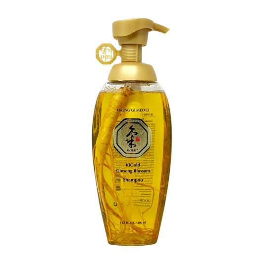 Daeng Gi Meo Ri Ki Gold Ginseng Blossom Shampoo bottle front view, highlighting ginseng infusion for hair nourishment.