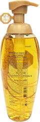 Daeng Gi Meo Ri Ki Gold Ginseng Blossom Shampoo bottle pour, suggesting refreshing cleanse and scalp vitality.