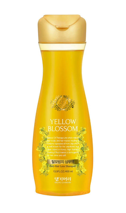 Daeng Gi Meo Ri Yellow Blossom Shampoo bottle highlighting rapeseed oil for nourished scalp