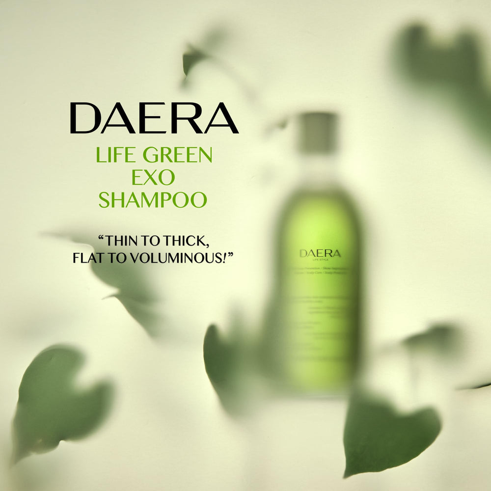 DAERA Life Green Exo Shampoo on a bathroom shelf for all skin types