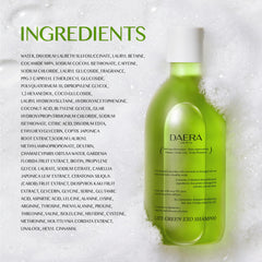 DAERA Life Green Exo Shampoo beside leaves illustrating natural approach