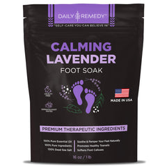 Daily Remedy Calming Lavender Foot Soak bottle promotes relaxation after a long day.