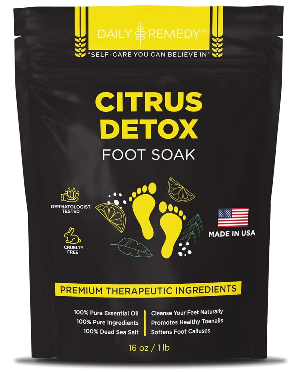 Daily Remedy Citrus Detox Foot Soak bottle promotes a refreshing foot cleanse with citrus aroma.