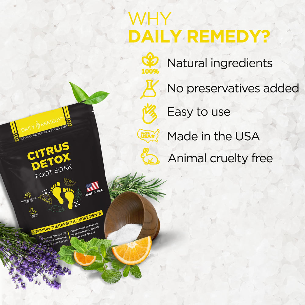 Daily Remedy Citrus Detox Foot Soak close-up shows post-workout foot care potential.