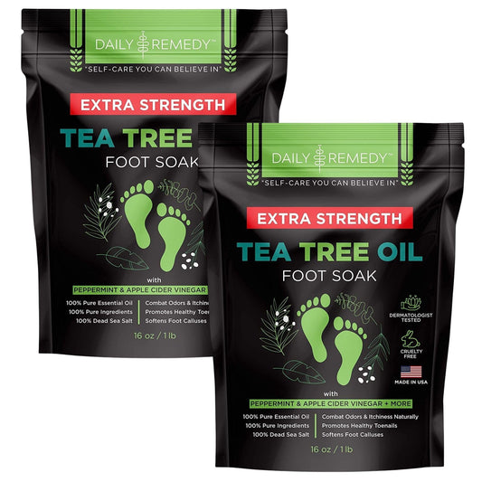 Daily Remedy extra-strength tea tree foot soak bottle for refreshing foot care.