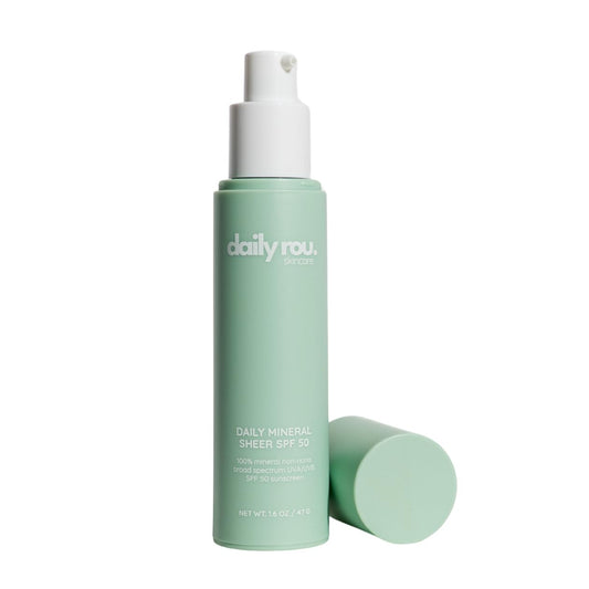 DailyRou Daily Mineral Sunscreen bottle shows light tint for even skin tone.