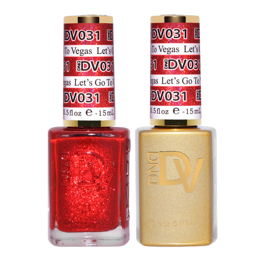 DAISY DND Gel Diva polish set swatch showing red glitter for glam nails