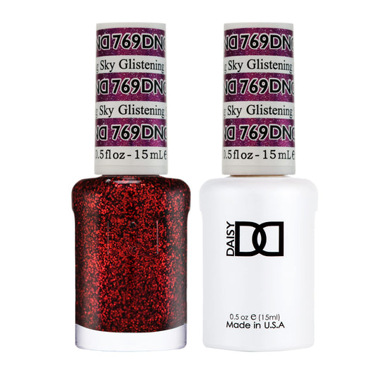 DAISY DND Glistening Sky 769 bottle with deep red and gold glitter for bold nails