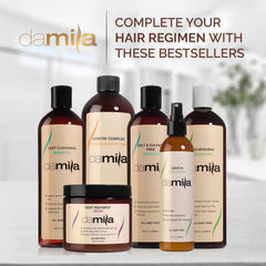 Damila Deep Cleansing Shampoo bottle on sink ready to prep hair for keratin treatment