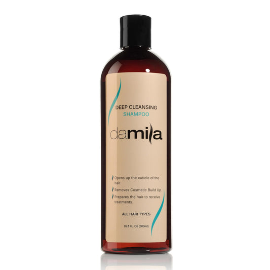 Damila Deep Cleansing Shampoo bottle pouring for deep cleansing and buildup removal.