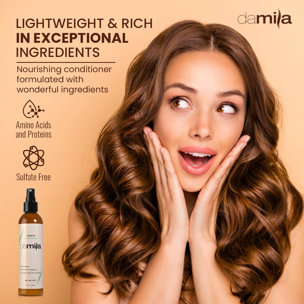 Nourishing keratin and amino acids from Damila Keratin Leave-In Conditioner spray.