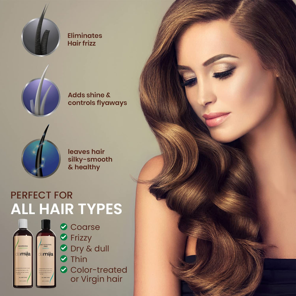Damila keratin-safe shampoo bottle emphasizes gentle cleansing for color-treated hair.
