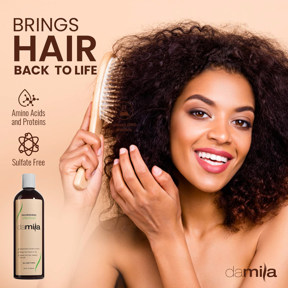 Damila Nourishing Conditioner close-up highlights smooth, hydrated ends
