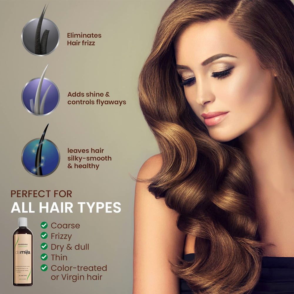 Damila Nourishing Conditioner texture close-up shows creamy formula