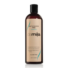Damila shampoo bottle pour demonstrates gentle cleansing for keratin and color-treated hair.