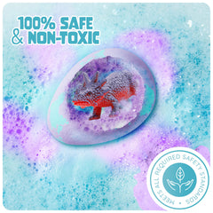 Dan&Darci Dino Egg Bath Bombs cards explain dinosaur history after reveal