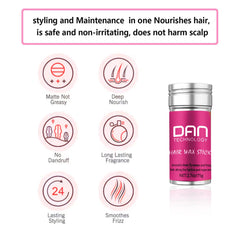 DAN Technology Hair Wax Stick applying to frizz-prone area for smoother finish.