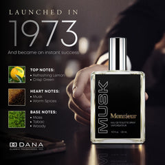 Dana Monsieur Musk bottle on wood surface suggests versatile daily wear