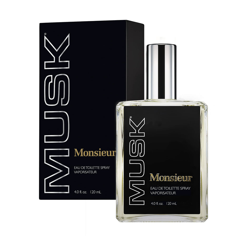 Dana Monsieur Musk for Men bottle front view, sleek masculine fragrance for daily wear.