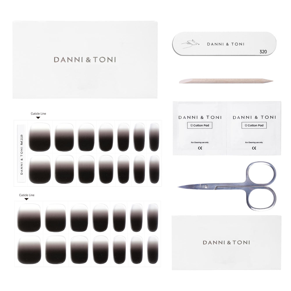DANNI & TONI salon-style manicure at home with glossy black ombre wraps.