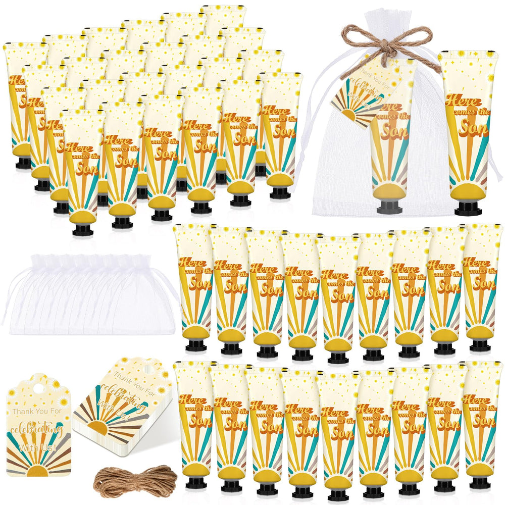 Dansib baby shower hand cream with eucalyptus design enhances party favors.