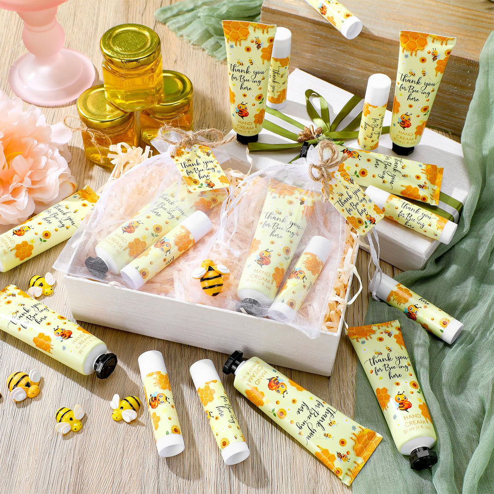 Elegant organza drawstring bag complements hand cream and lip balm