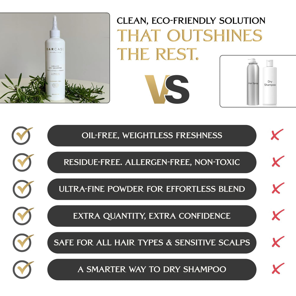 DARCASE dry shampoo before-after look—instant refresh between washes