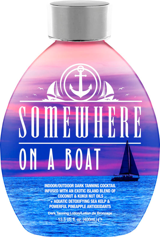 DARK TANS EXCLUSIVE Somewhere On A Boat lotion bottle ready for a smooth, even tan
