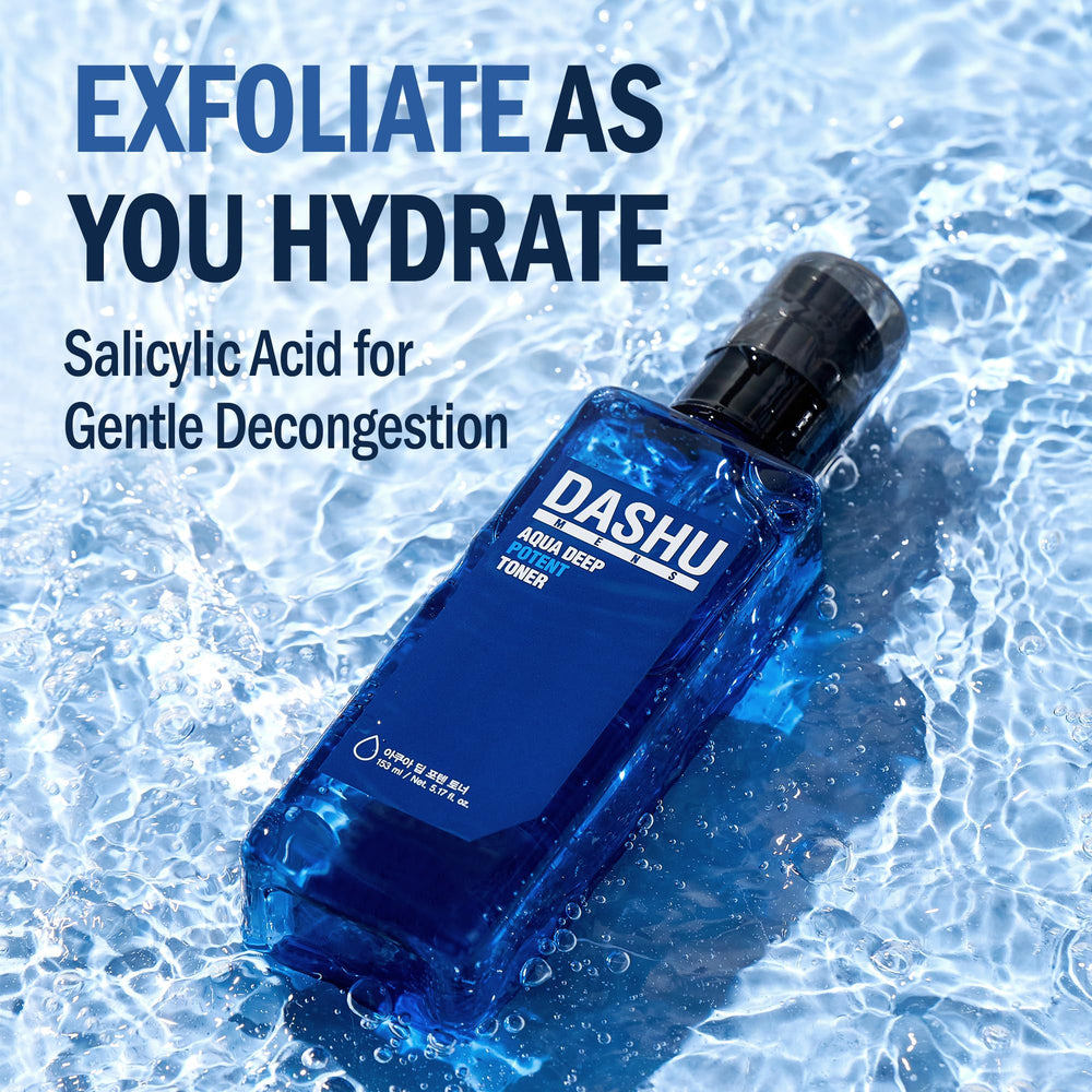 DASHU Mens Aqua Deep Potent Toner application on skin demonstrating fresh absorption.