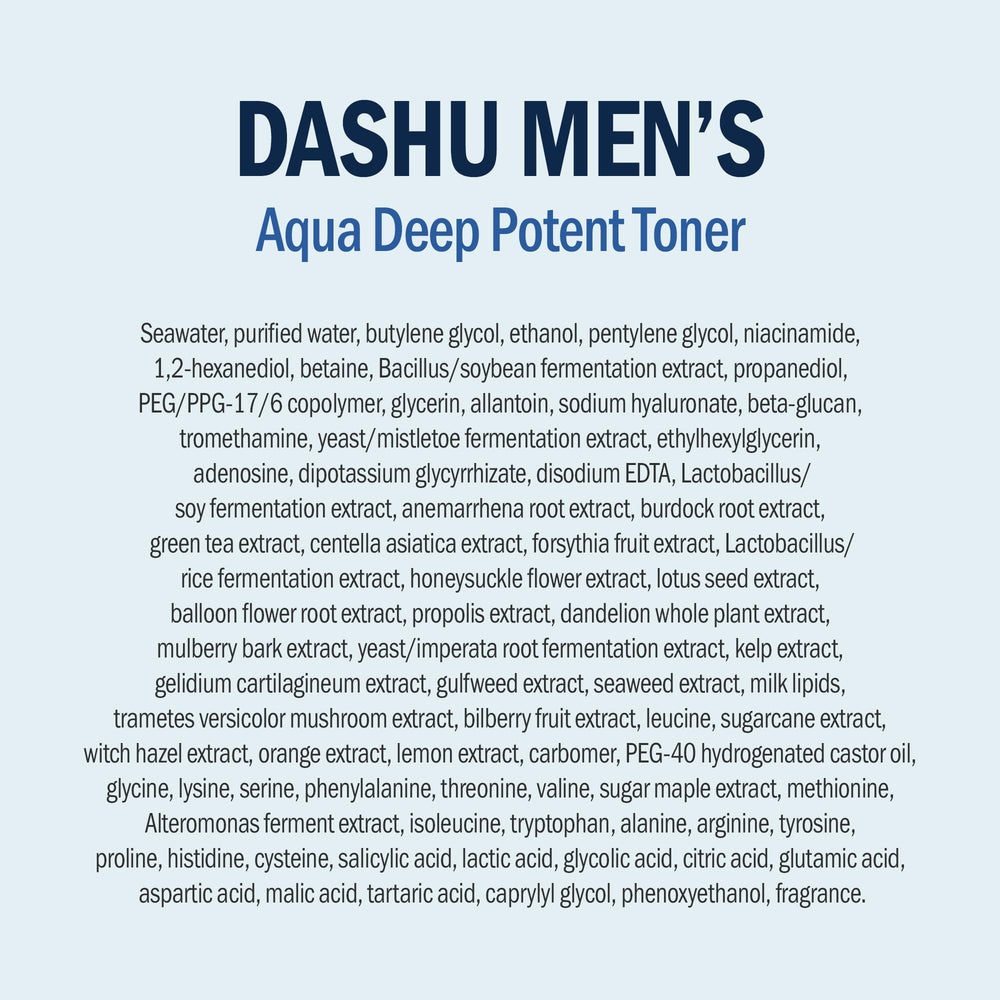 DASHU Mens Aqua Deep Potent Toner bottle suggesting hydration and fresh start.