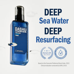DASHU Mens Aqua Deep Potent Toner label close-up highlighting soothing formula.
